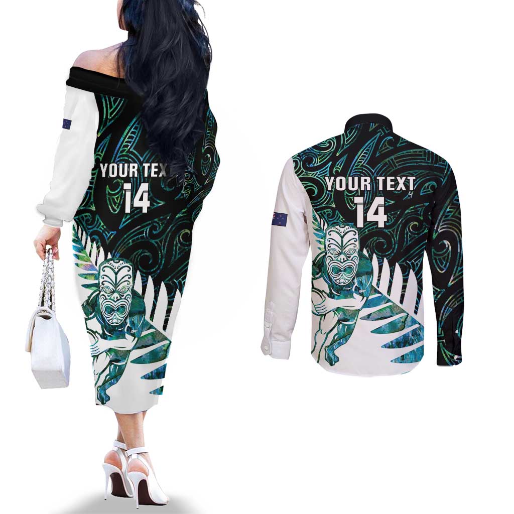 New Zealand Silver Fern Rugby Custom Couples Matching Off The Shoulder Long Sleeve Dress and Long Sleeve Button Shirt Go All Black Turquoise Maori Paua Shell - Aussie Hoodie