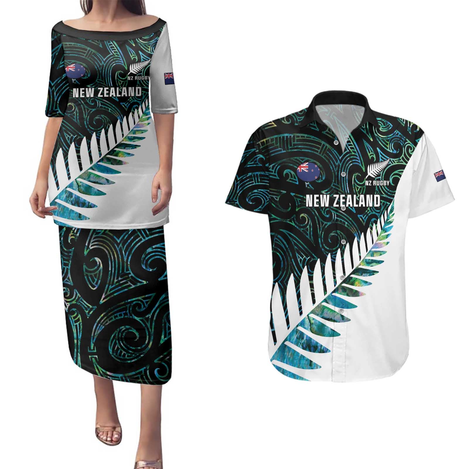 New Zealand Silver Fern Rugby Custom Couples Matching Puletasi and Hawaiian Shirt Go All Black Turquoise Maori Paua Shell - Aussie Hoodie