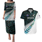 New Zealand Silver Fern Rugby Custom Couples Matching Puletasi and Hawaiian Shirt Go All Black Turquoise Maori Paua Shell - Aussie Hoodie