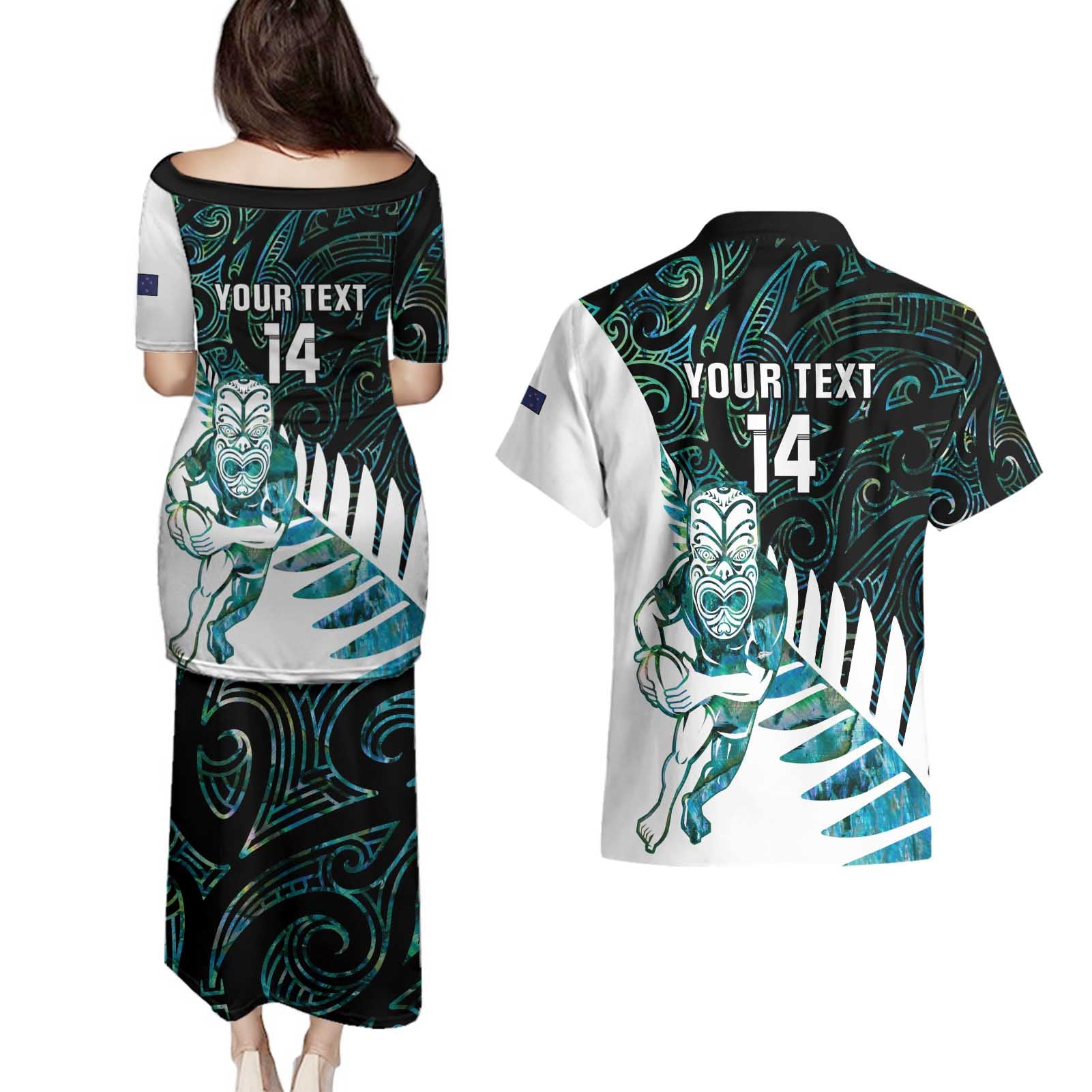 New Zealand Silver Fern Rugby Custom Couples Matching Puletasi and Hawaiian Shirt Go All Black Turquoise Maori Paua Shell - Aussie Hoodie