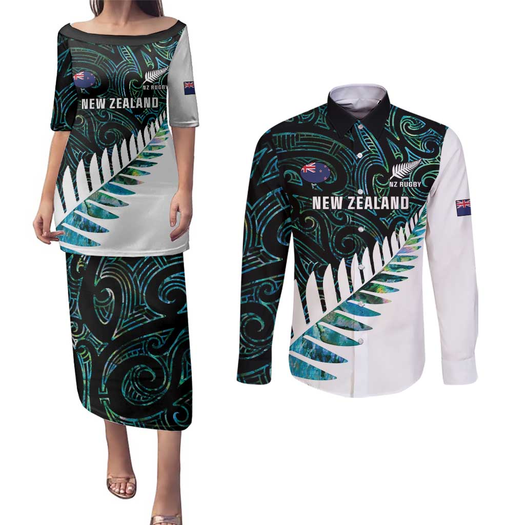 New Zealand Silver Fern Rugby Custom Couples Matching Puletasi and Long Sleeve Button Shirt Go All Black Turquoise Maori Paua Shell - Aussie Hoodie