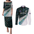 New Zealand Silver Fern Rugby Custom Couples Matching Puletasi and Long Sleeve Button Shirt Go All Black Turquoise Maori Paua Shell - Aussie Hoodie