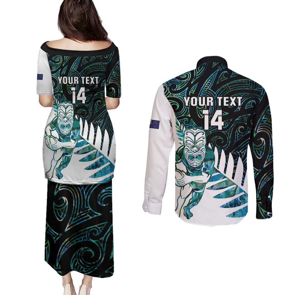 New Zealand Silver Fern Rugby Custom Couples Matching Puletasi and Long Sleeve Button Shirt Go All Black Turquoise Maori Paua Shell - Aussie Hoodie