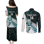 New Zealand Silver Fern Rugby Custom Couples Matching Puletasi and Long Sleeve Button Shirt Go All Black Turquoise Maori Paua Shell - Aussie Hoodie