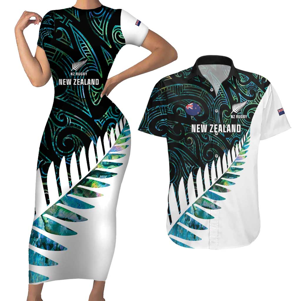 New Zealand Silver Fern Rugby Custom Couples Matching Short Sleeve Bodycon Dress and Hawaiian Shirt Go All Black Turquoise Maori Paua Shell - Aussie Hoodie