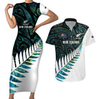 New Zealand Silver Fern Rugby Custom Couples Matching Short Sleeve Bodycon Dress and Hawaiian Shirt Go All Black Turquoise Maori Paua Shell - Aussie Hoodie