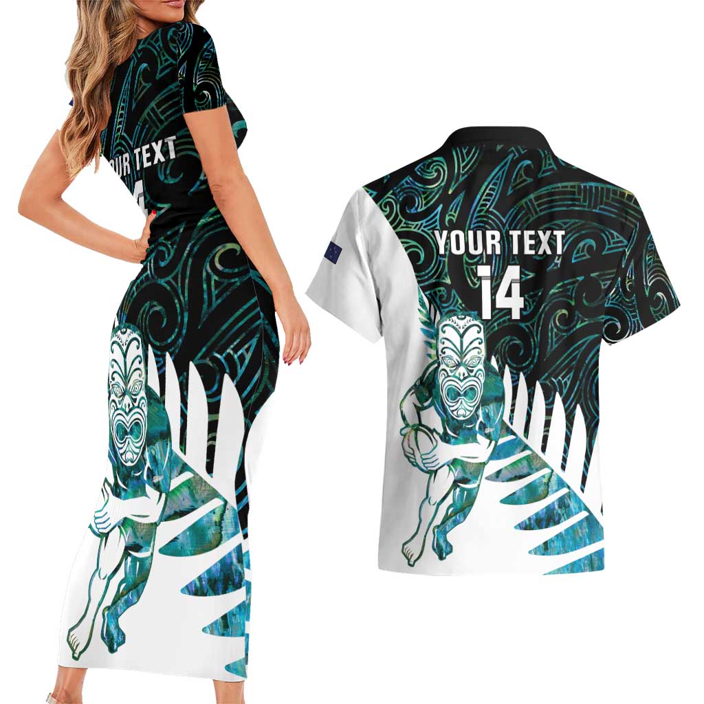 New Zealand Silver Fern Rugby Custom Couples Matching Short Sleeve Bodycon Dress and Hawaiian Shirt Go All Black Turquoise Maori Paua Shell - Aussie Hoodie