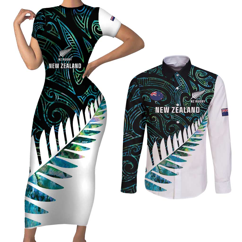New Zealand Silver Fern Rugby Custom Couples Matching Short Sleeve Bodycon Dress and Long Sleeve Button Shirt Go All Black Turquoise Maori Paua Shell - Aussie Hoodie