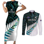 New Zealand Silver Fern Rugby Custom Couples Matching Short Sleeve Bodycon Dress and Long Sleeve Button Shirt Go All Black Turquoise Maori Paua Shell - Aussie Hoodie