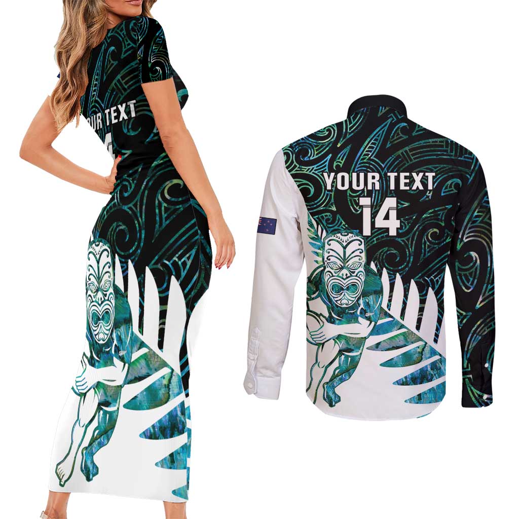 New Zealand Silver Fern Rugby Custom Couples Matching Short Sleeve Bodycon Dress and Long Sleeve Button Shirt Go All Black Turquoise Maori Paua Shell - Aussie Hoodie