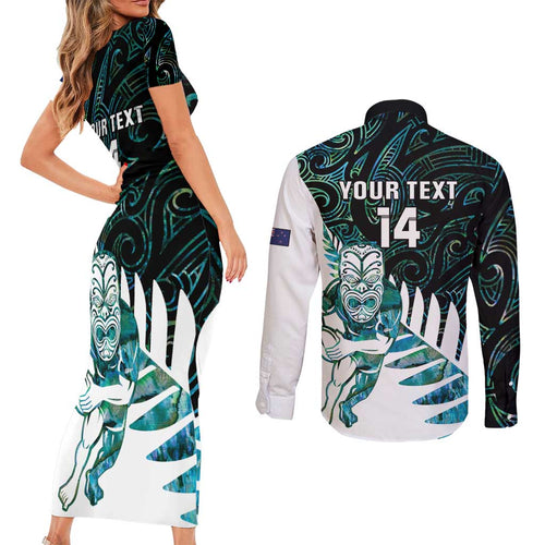New Zealand Silver Fern Rugby Custom Couples Matching Short Sleeve Bodycon Dress and Long Sleeve Button Shirt Go All Black Turquoise Maori Paua Shell - Aussie Hoodie