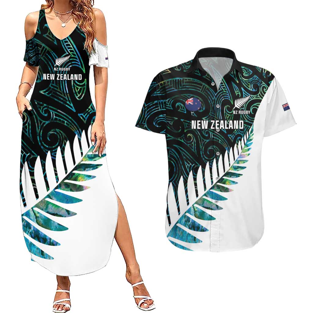 New Zealand Silver Fern Rugby Custom Couples Matching Summer Maxi Dress and Hawaiian Shirt Go All Black Turquoise Maori Paua Shell - Aussie Hoodie