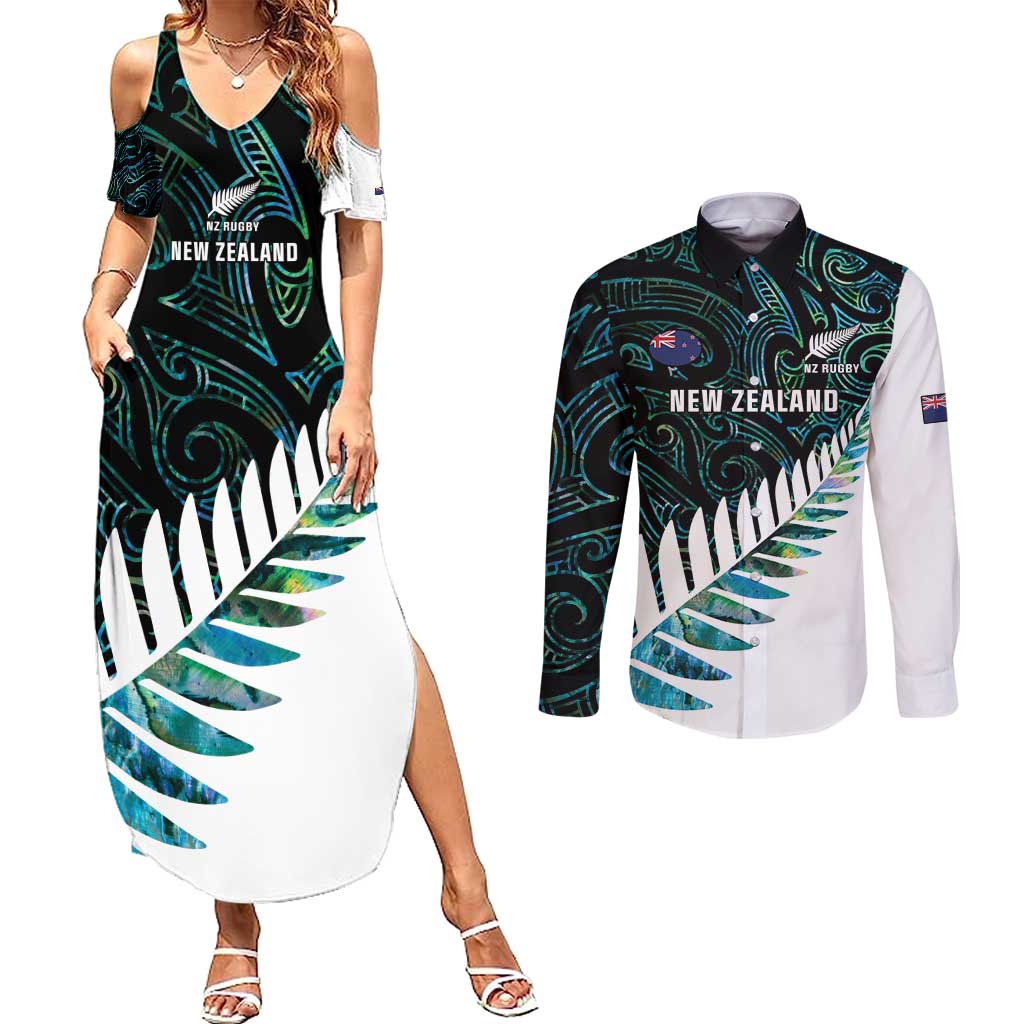 New Zealand Silver Fern Rugby Custom Couples Matching Summer Maxi Dress and Long Sleeve Button Shirt Go All Black Turquoise Maori Paua Shell - Aussie Hoodie