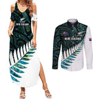 New Zealand Silver Fern Rugby Custom Couples Matching Summer Maxi Dress and Long Sleeve Button Shirt Go All Black Turquoise Maori Paua Shell - Aussie Hoodie