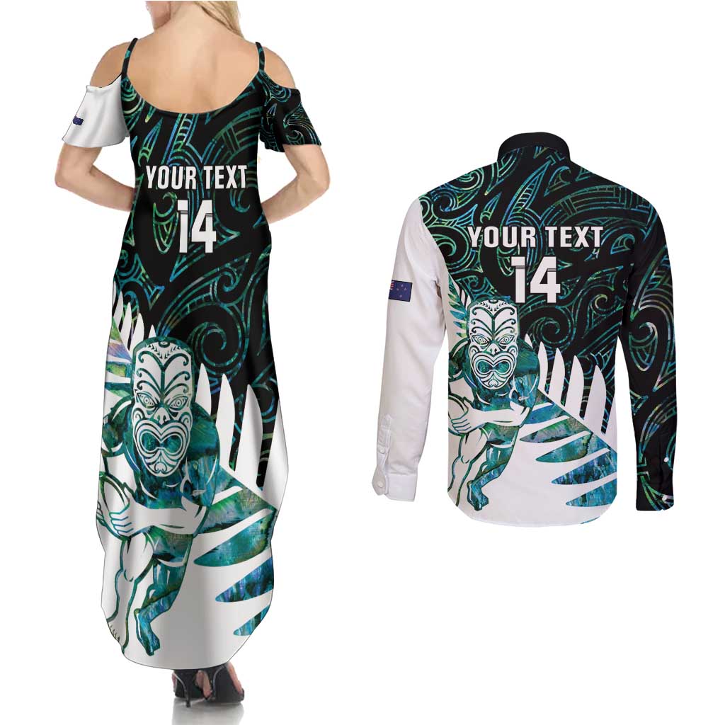 New Zealand Silver Fern Rugby Custom Couples Matching Summer Maxi Dress and Long Sleeve Button Shirt Go All Black Turquoise Maori Paua Shell - Aussie Hoodie