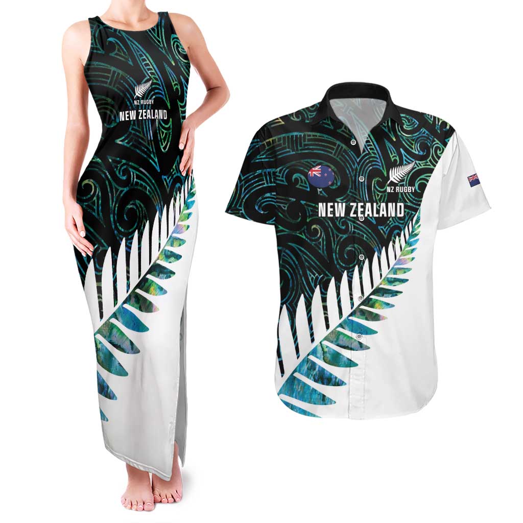 New Zealand Silver Fern Rugby Custom Couples Matching Tank Maxi Dress and Hawaiian Shirt Go All Black Turquoise Maori Paua Shell - Aussie Hoodie