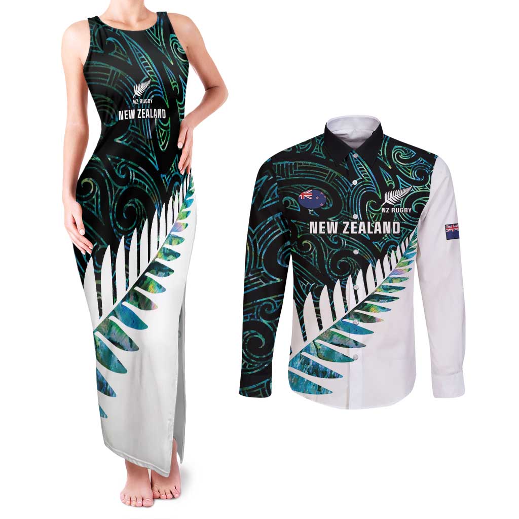 New Zealand Silver Fern Rugby Custom Couples Matching Tank Maxi Dress and Long Sleeve Button Shirt Go All Black Turquoise Maori Paua Shell - Aussie Hoodie