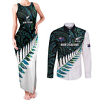 New Zealand Silver Fern Rugby Custom Couples Matching Tank Maxi Dress and Long Sleeve Button Shirt Go All Black Turquoise Maori Paua Shell - Aussie Hoodie