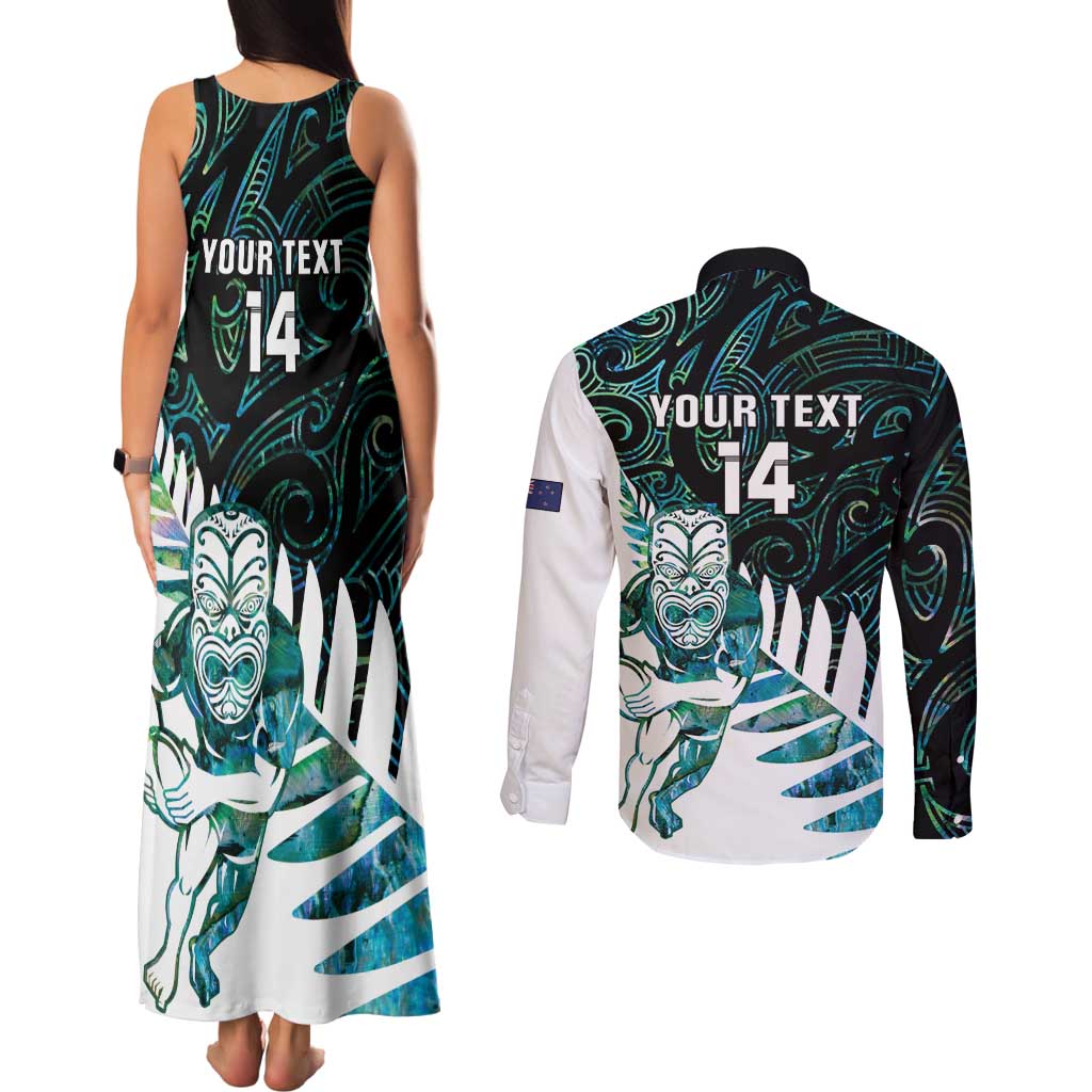 New Zealand Silver Fern Rugby Custom Couples Matching Tank Maxi Dress and Long Sleeve Button Shirt Go All Black Turquoise Maori Paua Shell - Aussie Hoodie