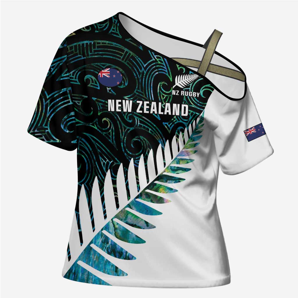 New Zealand Silver Fern Rugby Custom Cross Shoulder Shirt Go All Black Turquoise Maori Paua Shell - Aussie Hoodie