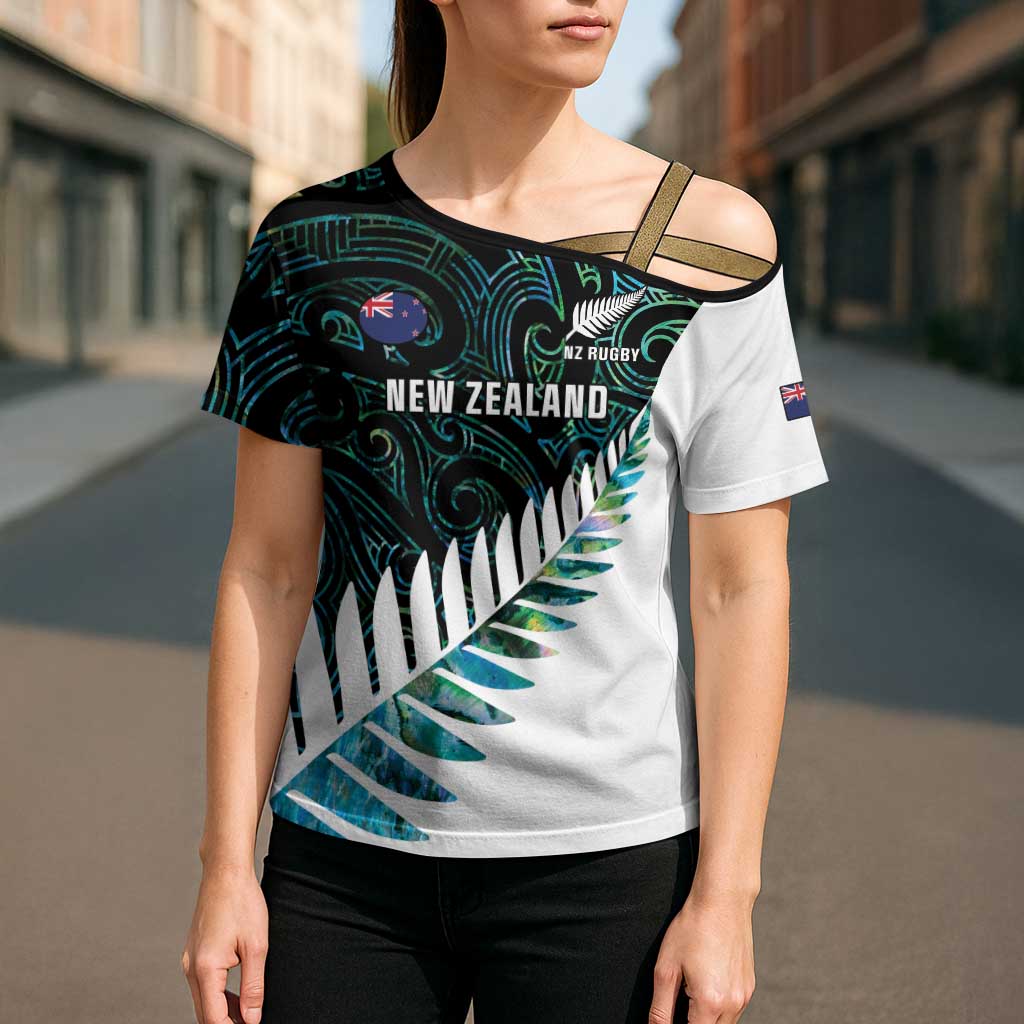 New Zealand Silver Fern Rugby Custom Cross Shoulder Shirt Go All Black Turquoise Maori Paua Shell - Aussie Hoodie