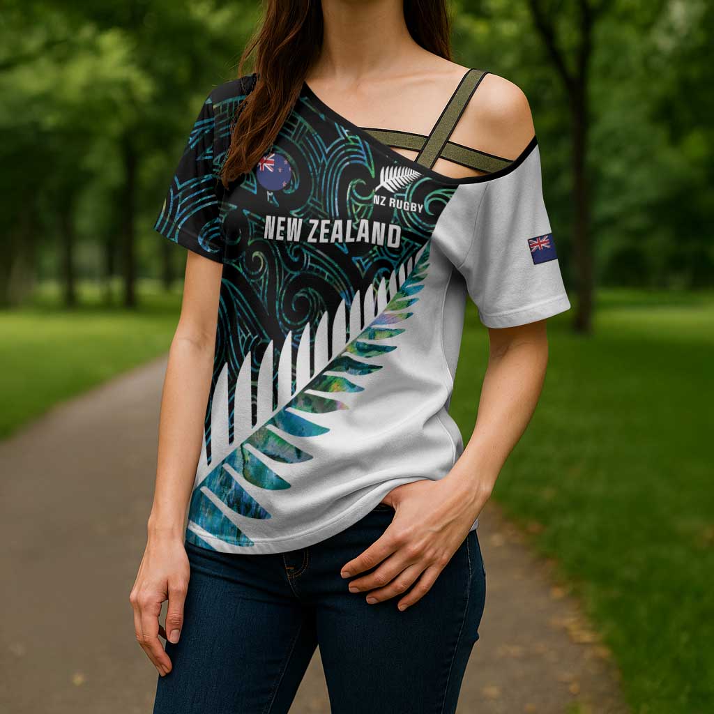 New Zealand Silver Fern Rugby Custom Cross Shoulder Shirt Go All Black Turquoise Maori Paua Shell - Aussie Hoodie