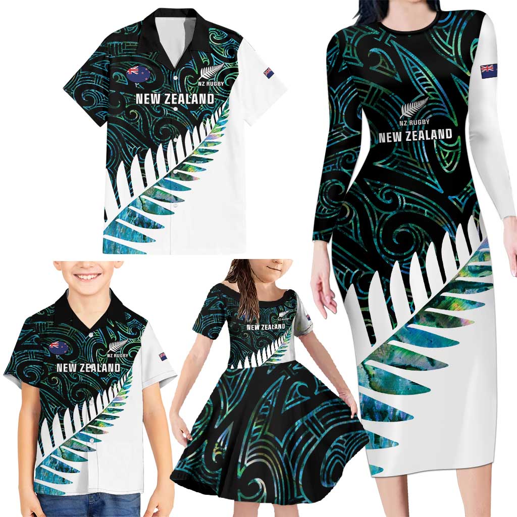 New Zealand Silver Fern Rugby Custom Family Matching Long Sleeve Bodycon Dress and Hawaiian Shirt Go All Black Turquoise Maori Paua Shell - Aussie Hoodie