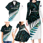 New Zealand Silver Fern Rugby Custom Family Matching Long Sleeve Bodycon Dress and Hawaiian Shirt Go All Black Turquoise Maori Paua Shell - Aussie Hoodie