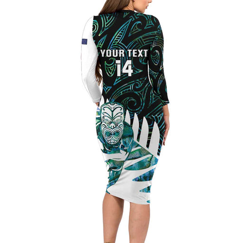 New Zealand Silver Fern Rugby Custom Family Matching Long Sleeve Bodycon Dress and Hawaiian Shirt Go All Black Turquoise Maori Paua Shell - Aussie Hoodie