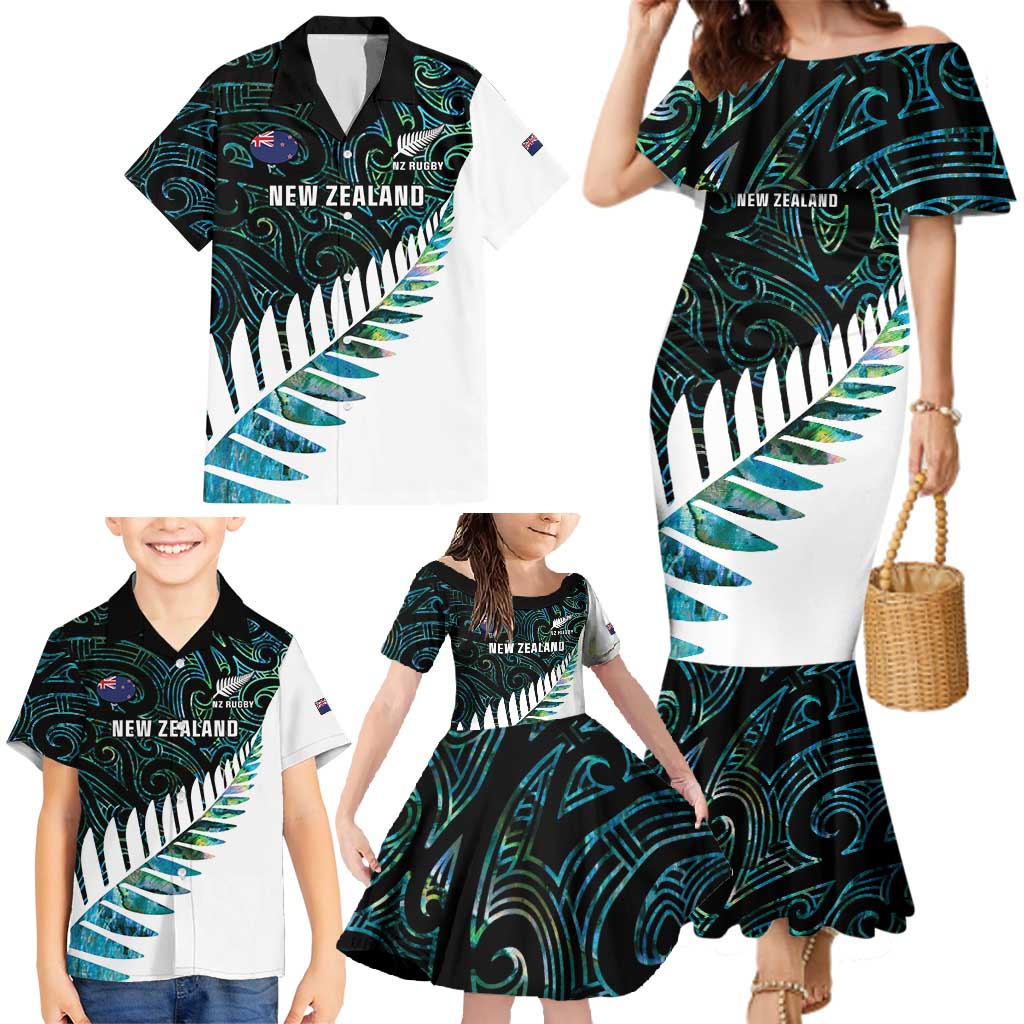 New Zealand Silver Fern Rugby Custom Family Matching Mermaid Dress and Hawaiian Shirt Go All Black Turquoise Maori Paua Shell - Aussie Hoodie