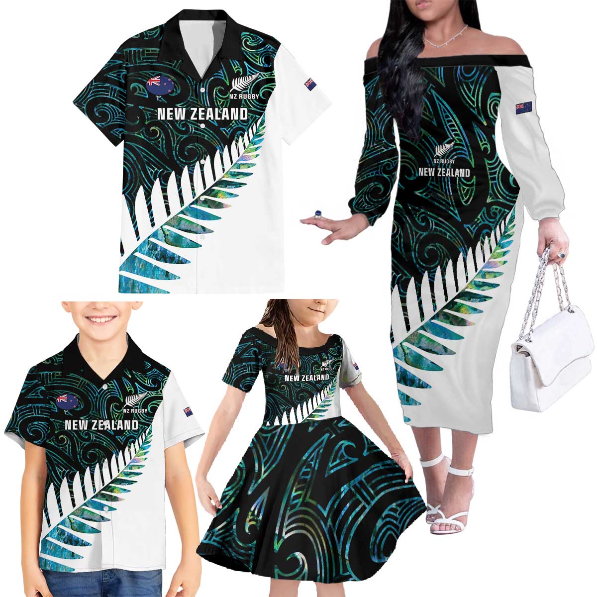New Zealand Silver Fern Rugby Custom Family Matching Off The Shoulder Long Sleeve Dress and Hawaiian Shirt Go All Black Turquoise Maori Paua Shell - Aussie Hoodie