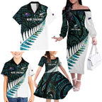 New Zealand Silver Fern Rugby Custom Family Matching Off The Shoulder Long Sleeve Dress and Hawaiian Shirt Go All Black Turquoise Maori Paua Shell - Aussie Hoodie