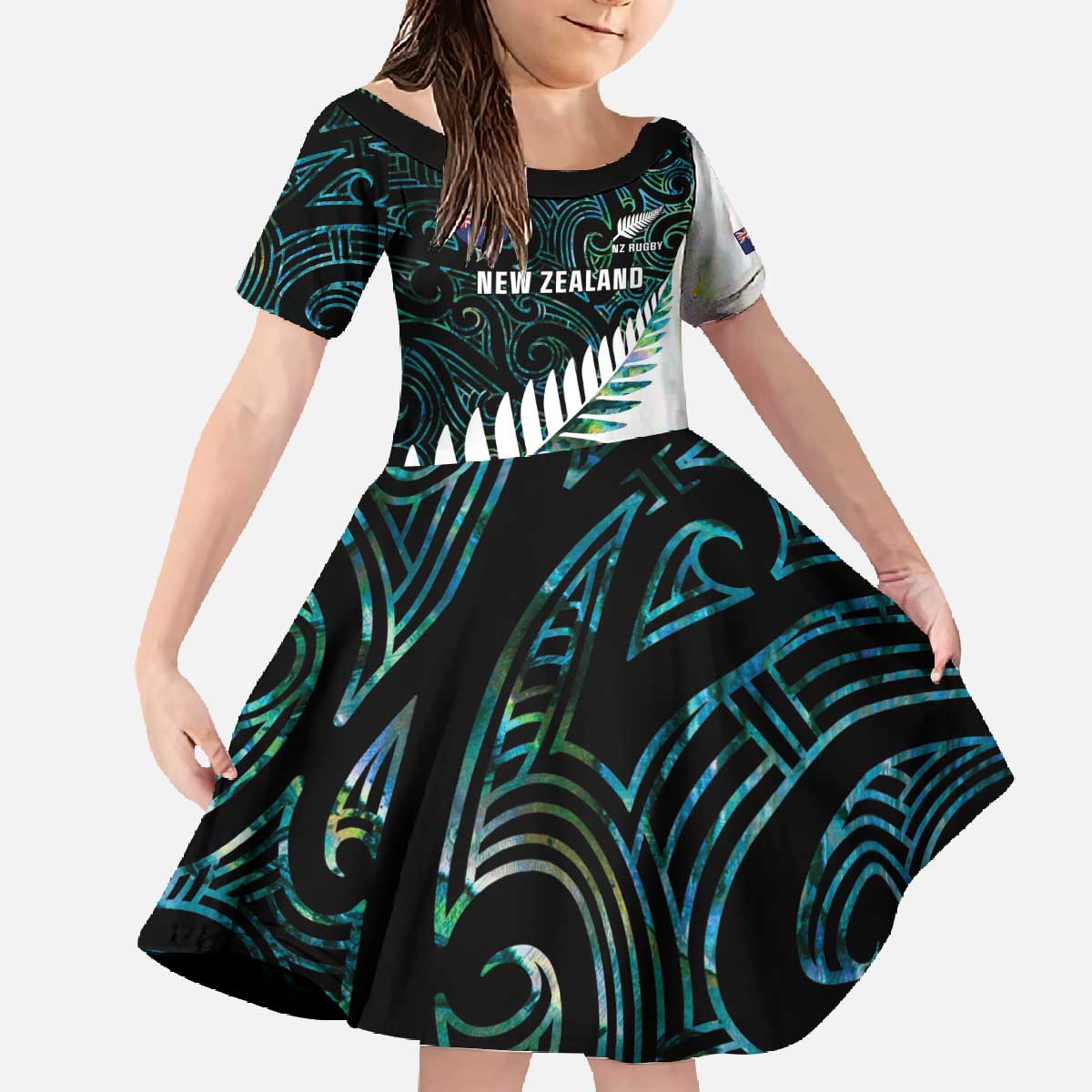 New Zealand Silver Fern Rugby Custom Family Matching Off The Shoulder Long Sleeve Dress and Hawaiian Shirt Go All Black Turquoise Maori Paua Shell - Aussie Hoodie