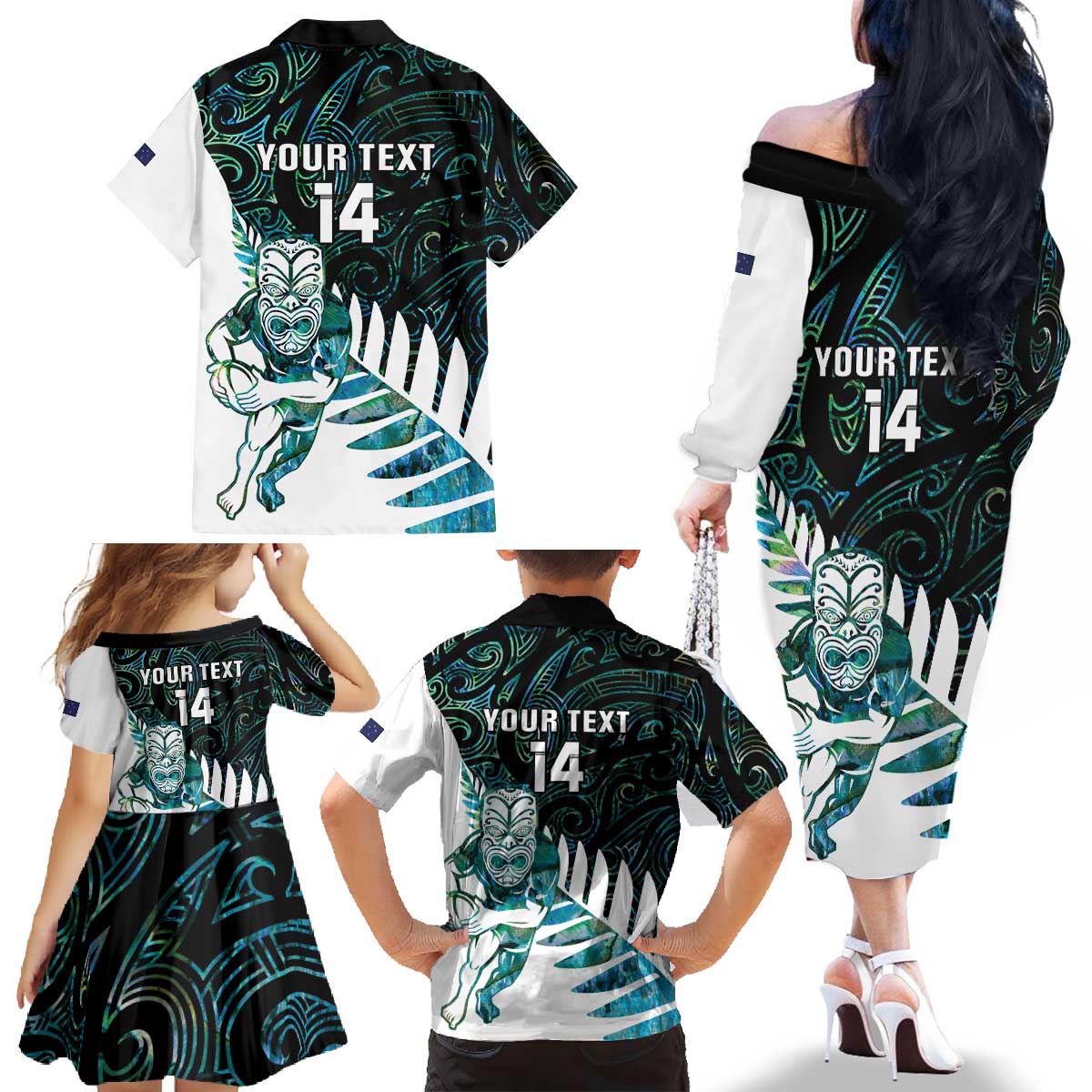 New Zealand Silver Fern Rugby Custom Family Matching Off The Shoulder Long Sleeve Dress and Hawaiian Shirt Go All Black Turquoise Maori Paua Shell - Aussie Hoodie