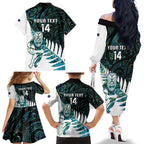 New Zealand Silver Fern Rugby Custom Family Matching Off The Shoulder Long Sleeve Dress and Hawaiian Shirt Go All Black Turquoise Maori Paua Shell - Aussie Hoodie