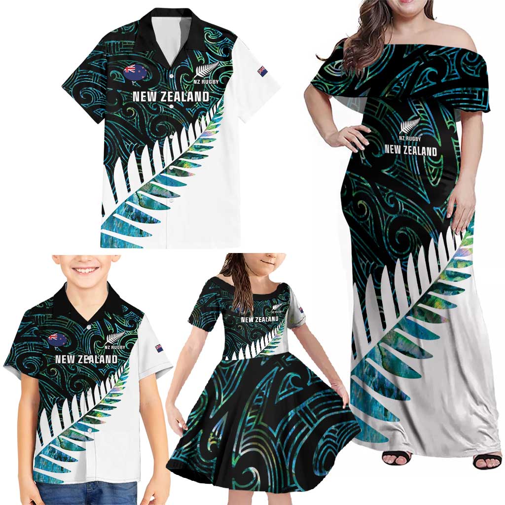 New Zealand Silver Fern Rugby Custom Family Matching Off Shoulder Maxi Dress and Hawaiian Shirt Go All Black Turquoise Maori Paua Shell - Aussie Hoodie