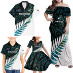 New Zealand Silver Fern Rugby Custom Family Matching Off Shoulder Maxi Dress and Hawaiian Shirt Go All Black Turquoise Maori Paua Shell - Aussie Hoodie