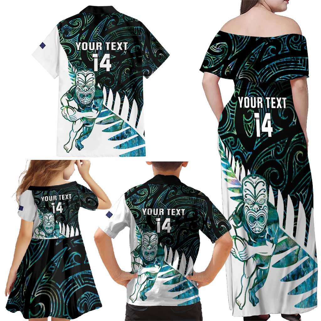 New Zealand Silver Fern Rugby Custom Family Matching Off Shoulder Maxi Dress and Hawaiian Shirt Go All Black Turquoise Maori Paua Shell - Aussie Hoodie