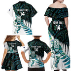New Zealand Silver Fern Rugby Custom Family Matching Off Shoulder Maxi Dress and Hawaiian Shirt Go All Black Turquoise Maori Paua Shell - Aussie Hoodie