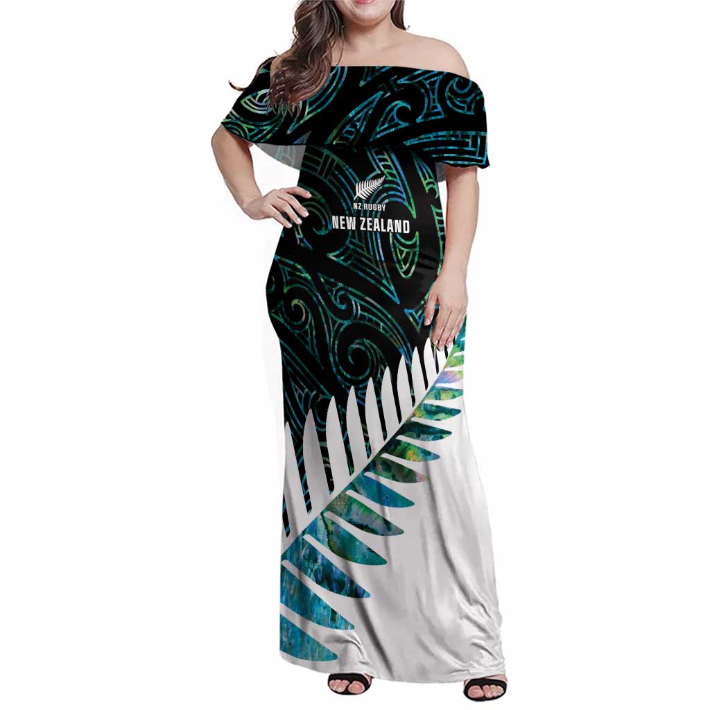 New Zealand Silver Fern Rugby Custom Family Matching Off Shoulder Maxi Dress and Hawaiian Shirt Go All Black Turquoise Maori Paua Shell - Aussie Hoodie