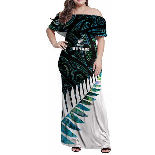 New Zealand Silver Fern Rugby Custom Family Matching Off Shoulder Maxi Dress and Hawaiian Shirt Go All Black Turquoise Maori Paua Shell - Aussie Hoodie