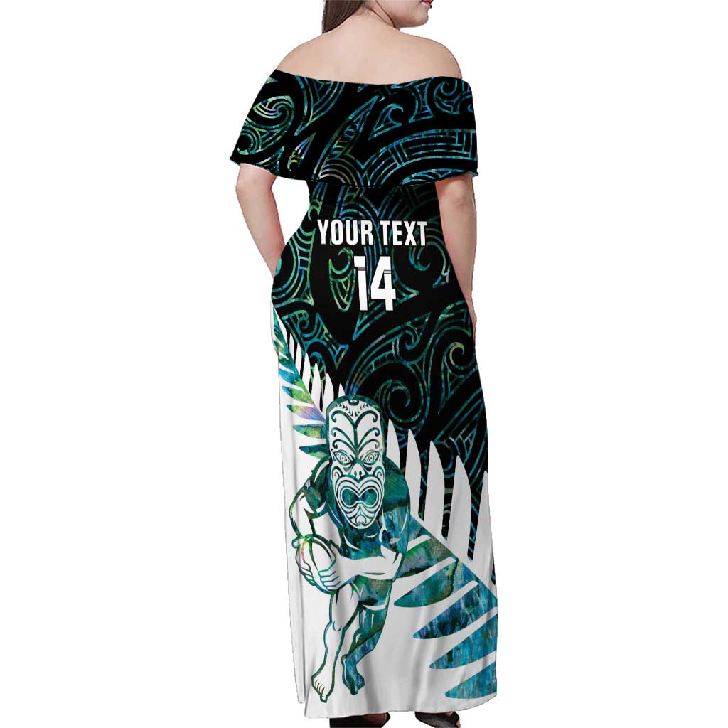 New Zealand Silver Fern Rugby Custom Family Matching Off Shoulder Maxi Dress and Hawaiian Shirt Go All Black Turquoise Maori Paua Shell - Aussie Hoodie