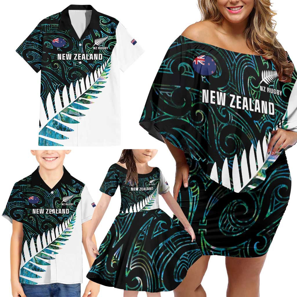 New Zealand Silver Fern Rugby Custom Family Matching Off Shoulder Short Dress and Hawaiian Shirt Go All Black Turquoise Maori Paua Shell - Aussie Hoodie