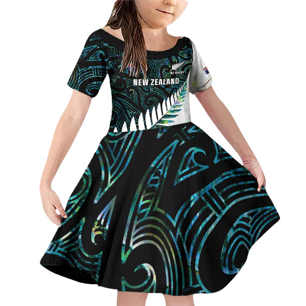 New Zealand Silver Fern Rugby Custom Family Matching Off Shoulder Short Dress and Hawaiian Shirt Go All Black Turquoise Maori Paua Shell - Aussie Hoodie