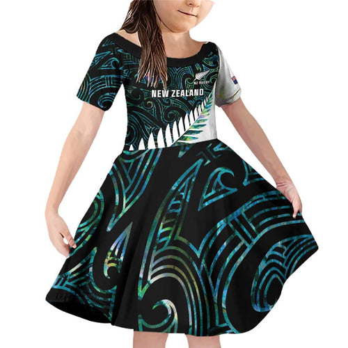New Zealand Silver Fern Rugby Custom Family Matching Off Shoulder Short Dress and Hawaiian Shirt Go All Black Turquoise Maori Paua Shell - Aussie Hoodie