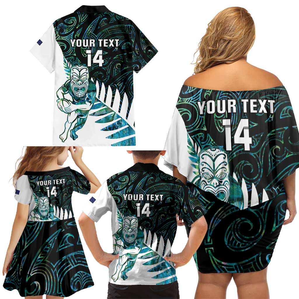 New Zealand Silver Fern Rugby Custom Family Matching Off Shoulder Short Dress and Hawaiian Shirt Go All Black Turquoise Maori Paua Shell - Aussie Hoodie