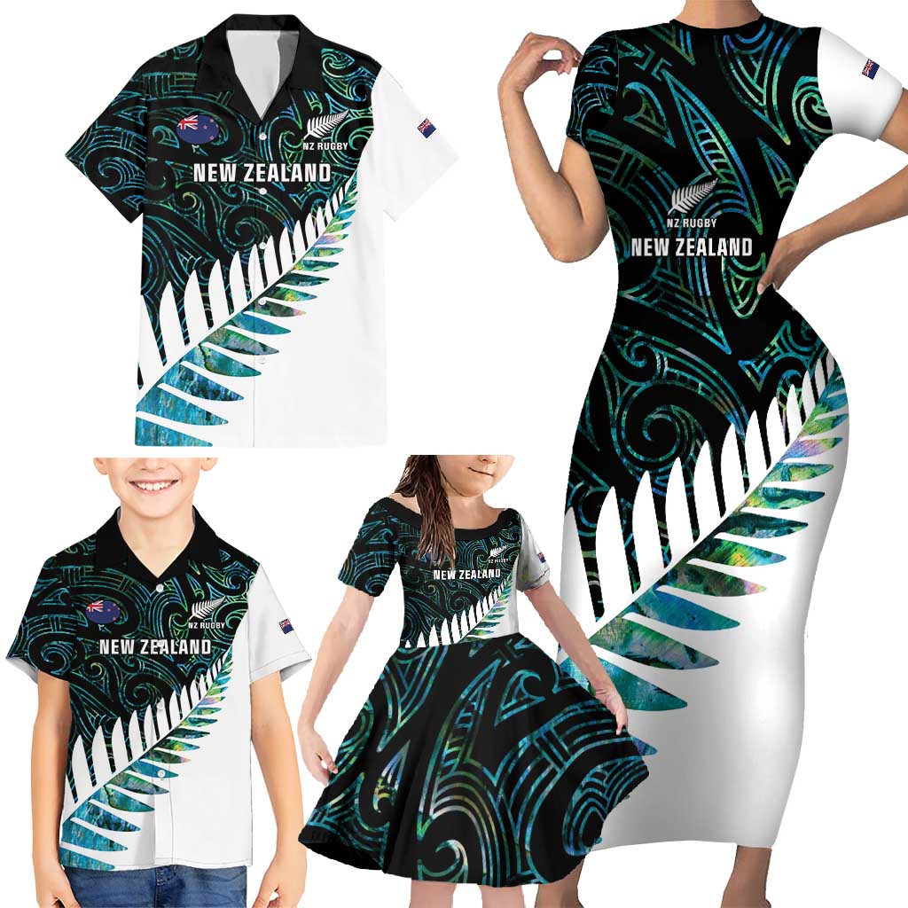 New Zealand Silver Fern Rugby Custom Family Matching Short Sleeve Bodycon Dress and Hawaiian Shirt Go All Black Turquoise Maori Paua Shell - Aussie Hoodie