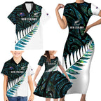 New Zealand Silver Fern Rugby Custom Family Matching Short Sleeve Bodycon Dress and Hawaiian Shirt Go All Black Turquoise Maori Paua Shell - Aussie Hoodie