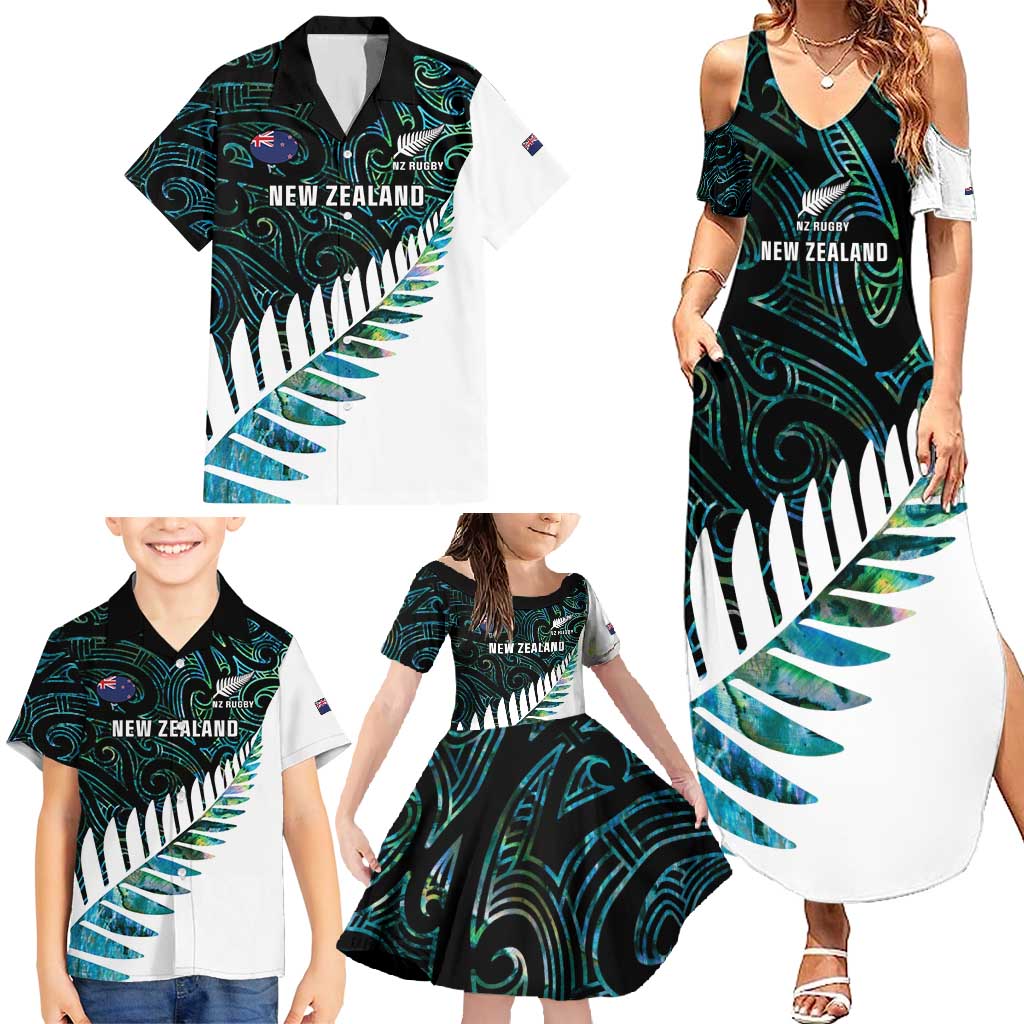 New Zealand Silver Fern Rugby Custom Family Matching Summer Maxi Dress and Hawaiian Shirt Go All Black Turquoise Maori Paua Shell - Aussie Hoodie
