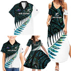 New Zealand Silver Fern Rugby Custom Family Matching Summer Maxi Dress and Hawaiian Shirt Go All Black Turquoise Maori Paua Shell - Aussie Hoodie